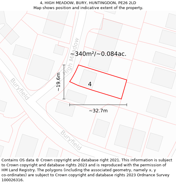 4, HIGH MEADOW, BURY, HUNTINGDON, PE26 2LD: Plot and title map