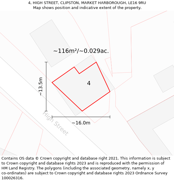 4, HIGH STREET, CLIPSTON, MARKET HARBOROUGH, LE16 9RU: Plot and title map