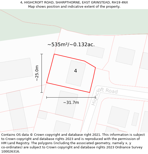 4, HIGHCROFT ROAD, SHARPTHORNE, EAST GRINSTEAD, RH19 4NX: Plot and title map