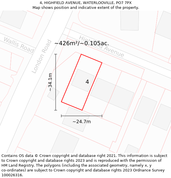 4, HIGHFIELD AVENUE, WATERLOOVILLE, PO7 7PX: Plot and title map