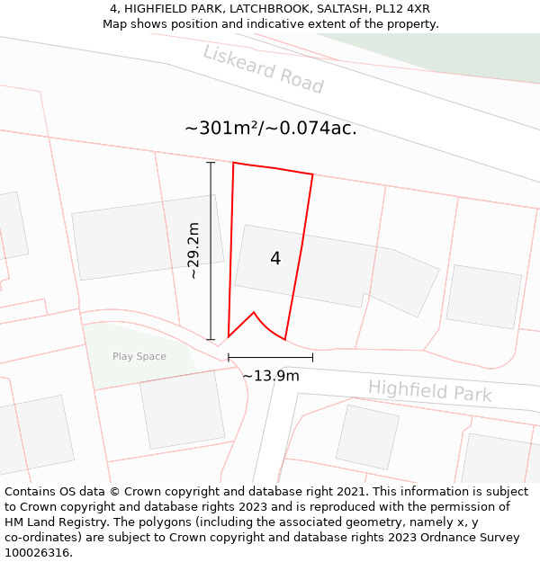 4, HIGHFIELD PARK, LATCHBROOK, SALTASH, PL12 4XR: Plot and title map