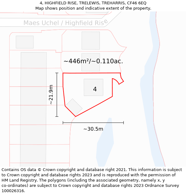 4, HIGHFIELD RISE, TRELEWIS, TREHARRIS, CF46 6EQ: Plot and title map