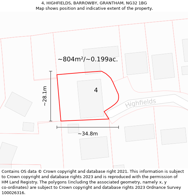 4, HIGHFIELDS, BARROWBY, GRANTHAM, NG32 1BG: Plot and title map