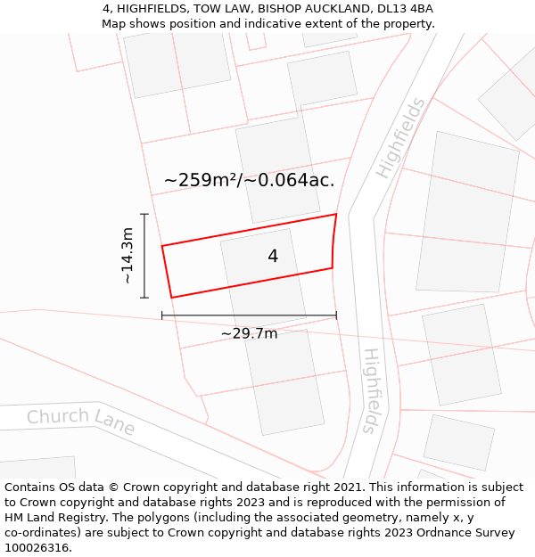 4, HIGHFIELDS, TOW LAW, BISHOP AUCKLAND, DL13 4BA: Plot and title map