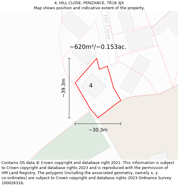 4, HILL CLOSE, PENZANCE, TR18 3JX: Plot and title map