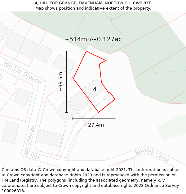 4, HILL TOP GRANGE, DAVENHAM, NORTHWICH, CW9 8XB: Plot and title map