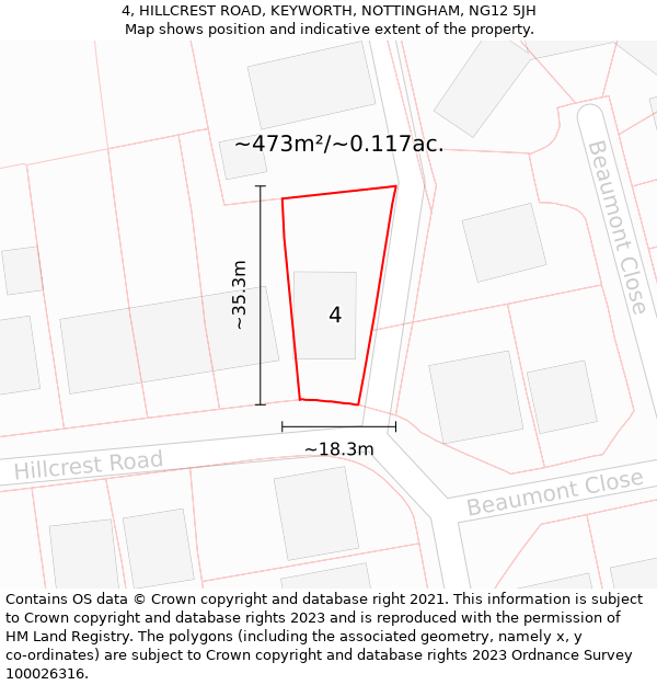 4, HILLCREST ROAD, KEYWORTH, NOTTINGHAM, NG12 5JH: Plot and title map