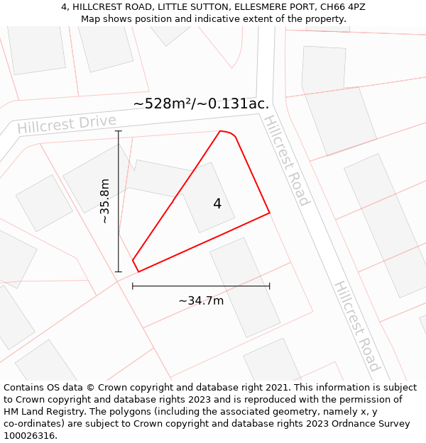 4, HILLCREST ROAD, LITTLE SUTTON, ELLESMERE PORT, CH66 4PZ: Plot and title map