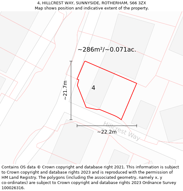 4, HILLCREST WAY, SUNNYSIDE, ROTHERHAM, S66 3ZX: Plot and title map