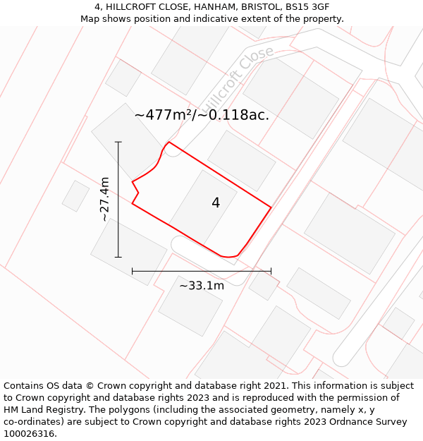 4, HILLCROFT CLOSE, HANHAM, BRISTOL, BS15 3GF: Plot and title map