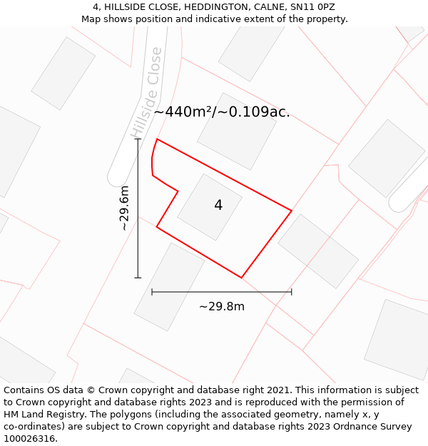 4, HILLSIDE CLOSE, HEDDINGTON, CALNE, SN11 0PZ: Plot and title map