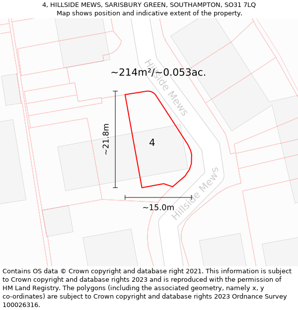 4, HILLSIDE MEWS, SARISBURY GREEN, SOUTHAMPTON, SO31 7LQ: Plot and title map