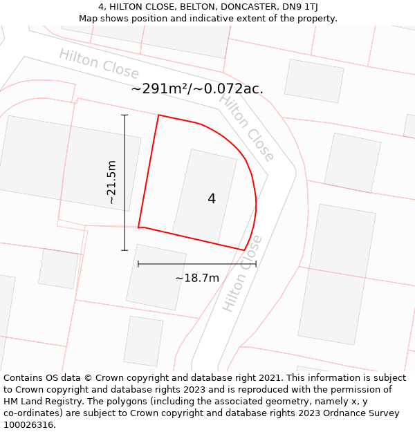 4, HILTON CLOSE, BELTON, DONCASTER, DN9 1TJ: Plot and title map