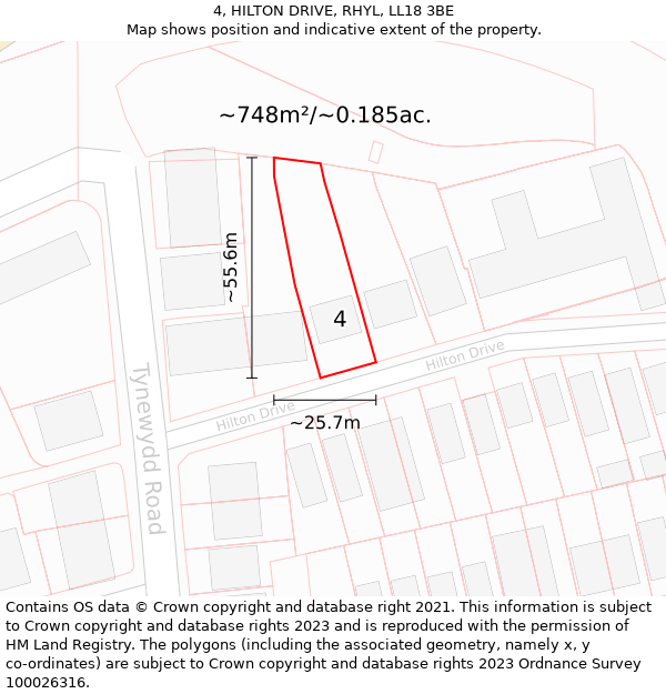 4, HILTON DRIVE, RHYL, LL18 3BE: Plot and title map