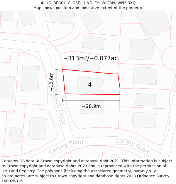 4, HOLBEACH CLOSE, HINDLEY, WIGAN, WN2 3XQ: Plot and title map