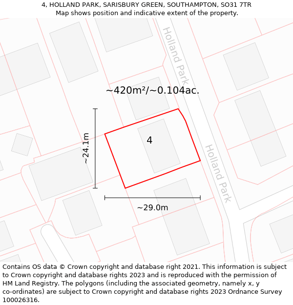 4, HOLLAND PARK, SARISBURY GREEN, SOUTHAMPTON, SO31 7TR: Plot and title map