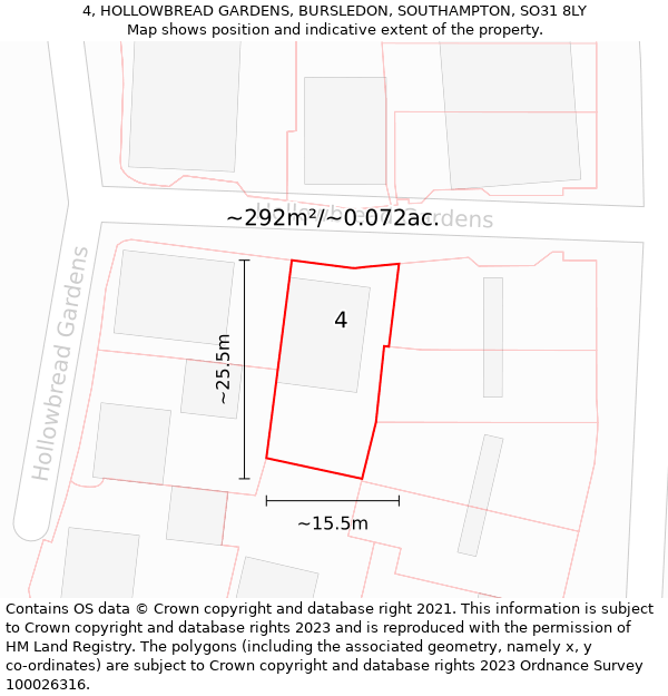 4, HOLLOWBREAD GARDENS, BURSLEDON, SOUTHAMPTON, SO31 8LY: Plot and title map