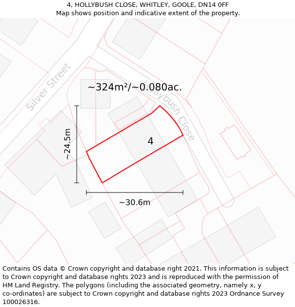 4, HOLLYBUSH CLOSE, WHITLEY, GOOLE, DN14 0FF: Plot and title map