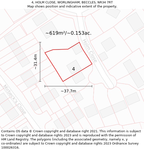 4, HOLM CLOSE, WORLINGHAM, BECCLES, NR34 7RT: Plot and title map