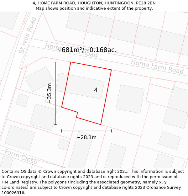 4, HOME FARM ROAD, HOUGHTON, HUNTINGDON, PE28 2BN: Plot and title map