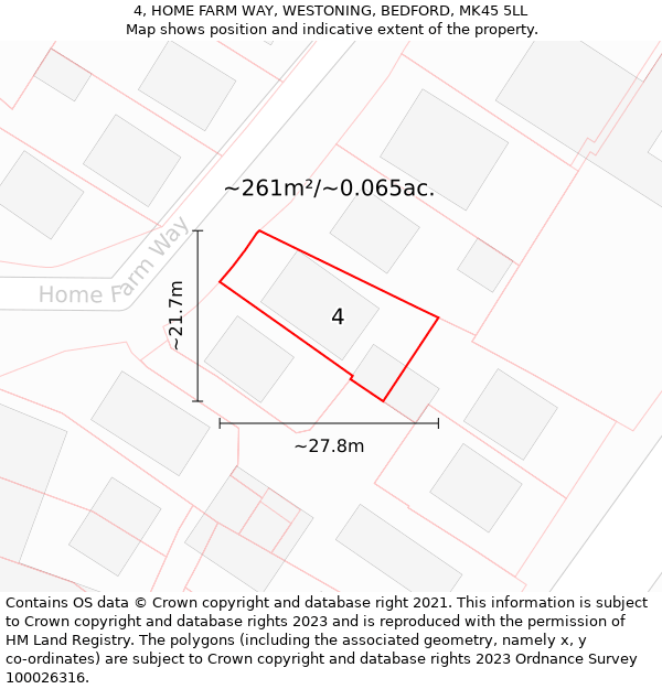 4, HOME FARM WAY, WESTONING, BEDFORD, MK45 5LL: Plot and title map