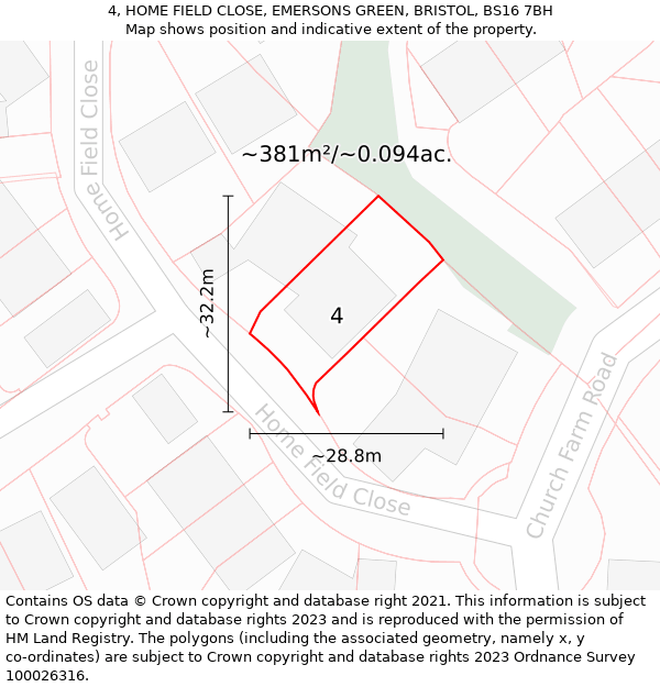 4, HOME FIELD CLOSE, EMERSONS GREEN, BRISTOL, BS16 7BH: Plot and title map