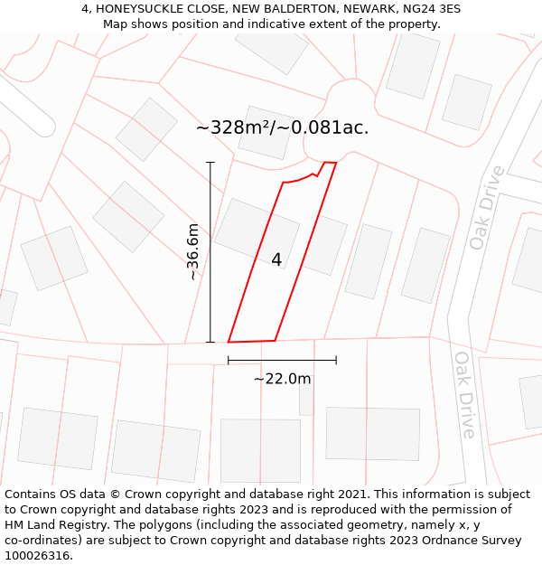 4, HONEYSUCKLE CLOSE, NEW BALDERTON, NEWARK, NG24 3ES: Plot and title map