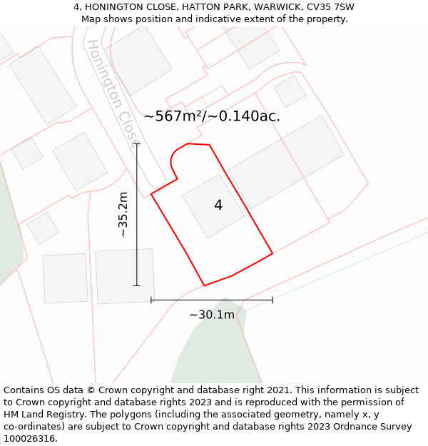 4, HONINGTON CLOSE, HATTON PARK, WARWICK, CV35 7SW: Plot and title map