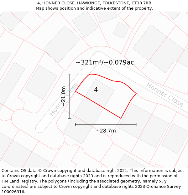 4, HONNER CLOSE, HAWKINGE, FOLKESTONE, CT18 7RB: Plot and title map