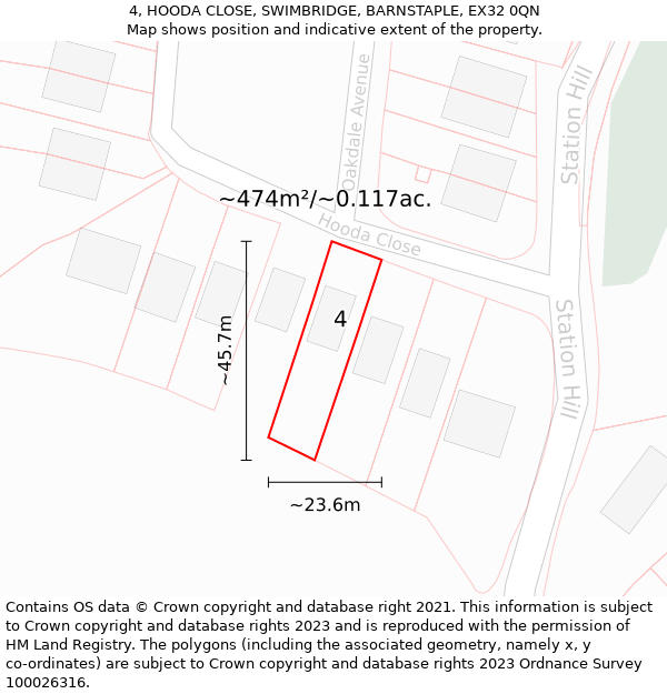 4, HOODA CLOSE, SWIMBRIDGE, BARNSTAPLE, EX32 0QN: Plot and title map