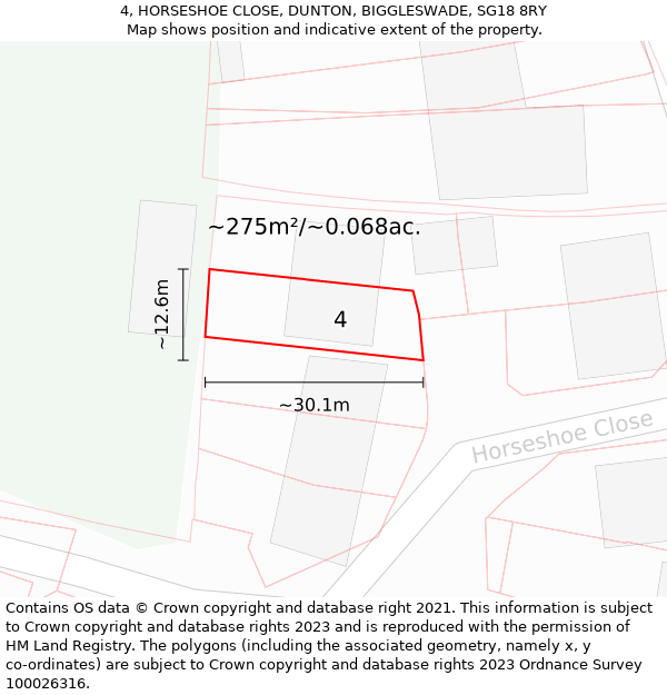 4, HORSESHOE CLOSE, DUNTON, BIGGLESWADE, SG18 8RY: Plot and title map