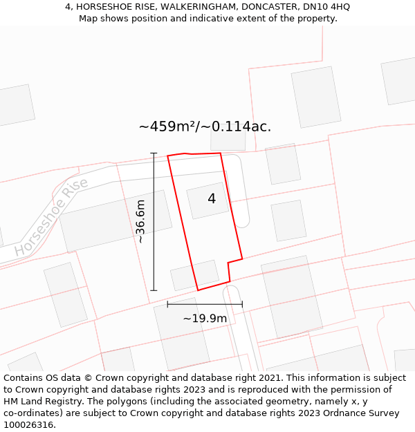 4, HORSESHOE RISE, WALKERINGHAM, DONCASTER, DN10 4HQ: Plot and title map