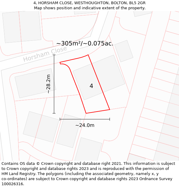 4, HORSHAM CLOSE, WESTHOUGHTON, BOLTON, BL5 2GR: Plot and title map