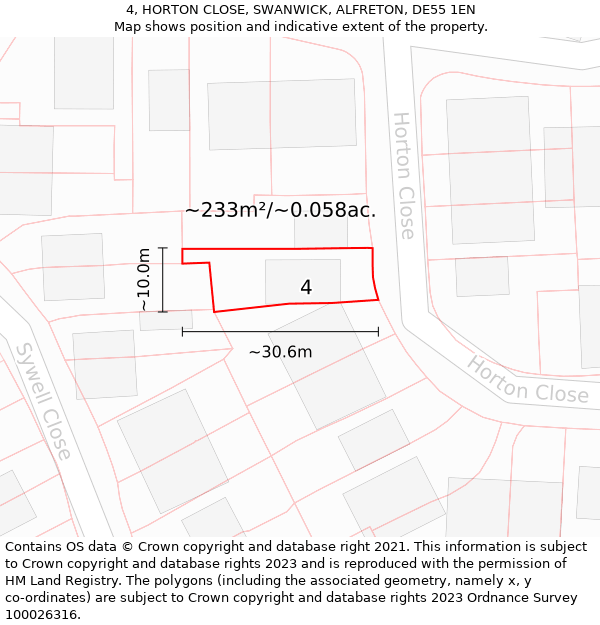 4, HORTON CLOSE, SWANWICK, ALFRETON, DE55 1EN: Plot and title map