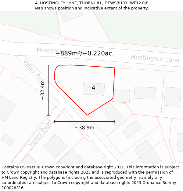 4, HOSTINGLEY LANE, THORNHILL, DEWSBURY, WF12 0JB: Plot and title map