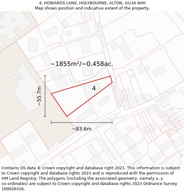 4, HOWARDS LANE, HOLYBOURNE, ALTON, GU34 4HH: Plot and title map