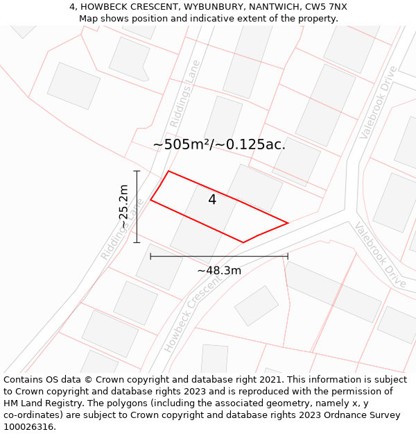 4, HOWBECK CRESCENT, WYBUNBURY, NANTWICH, CW5 7NX: Plot and title map