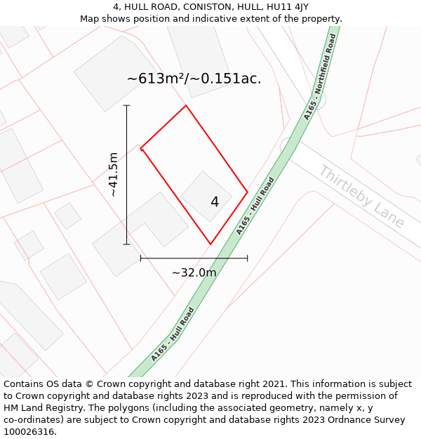 4, HULL ROAD, CONISTON, HULL, HU11 4JY: Plot and title map