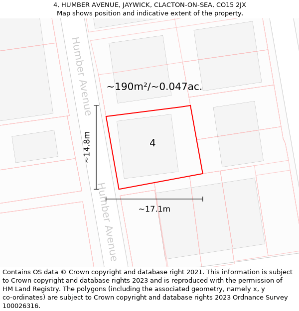 4, HUMBER AVENUE, JAYWICK, CLACTON-ON-SEA, CO15 2JX: Plot and title map