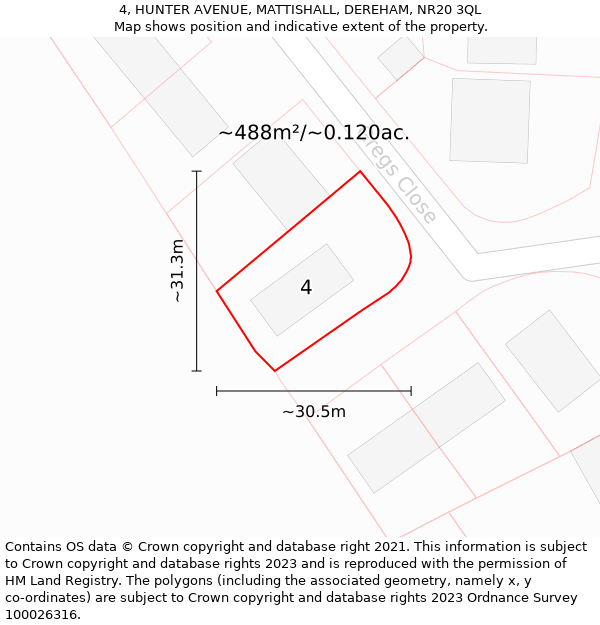 4, HUNTER AVENUE, MATTISHALL, DEREHAM, NR20 3QL: Plot and title map