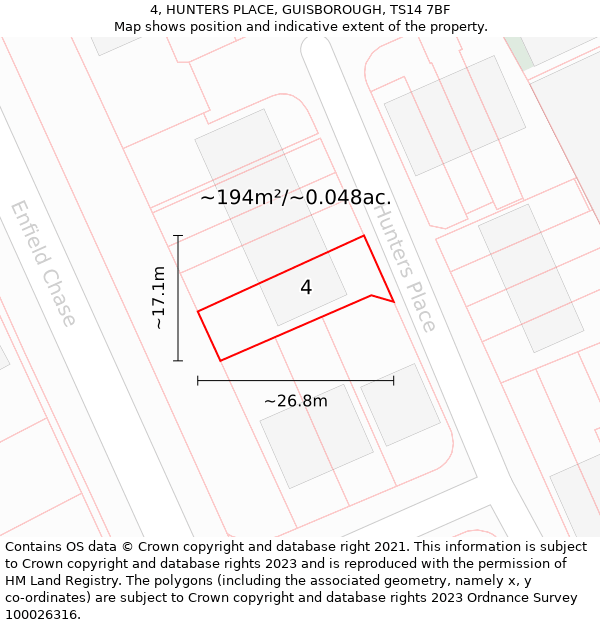 4, HUNTERS PLACE, GUISBOROUGH, TS14 7BF: Plot and title map