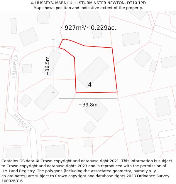 4, HUSSEYS, MARNHULL, STURMINSTER NEWTON, DT10 1PD: Plot and title map