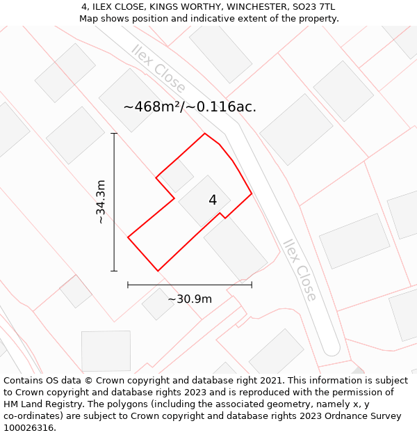 4, ILEX CLOSE, KINGS WORTHY, WINCHESTER, SO23 7TL: Plot and title map