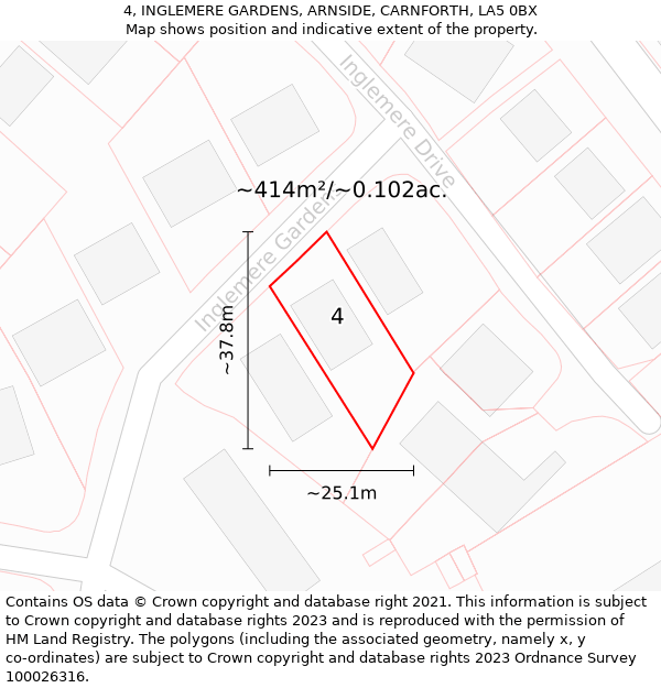 4, INGLEMERE GARDENS, ARNSIDE, CARNFORTH, LA5 0BX: Plot and title map