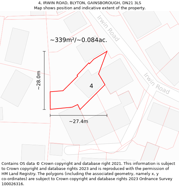 4, IRWIN ROAD, BLYTON, GAINSBOROUGH, DN21 3LS: Plot and title map