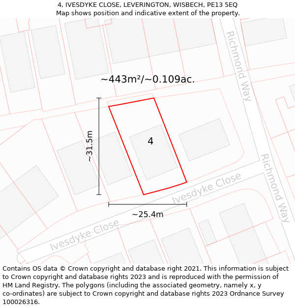 4, IVESDYKE CLOSE, LEVERINGTON, WISBECH, PE13 5EQ: Plot and title map