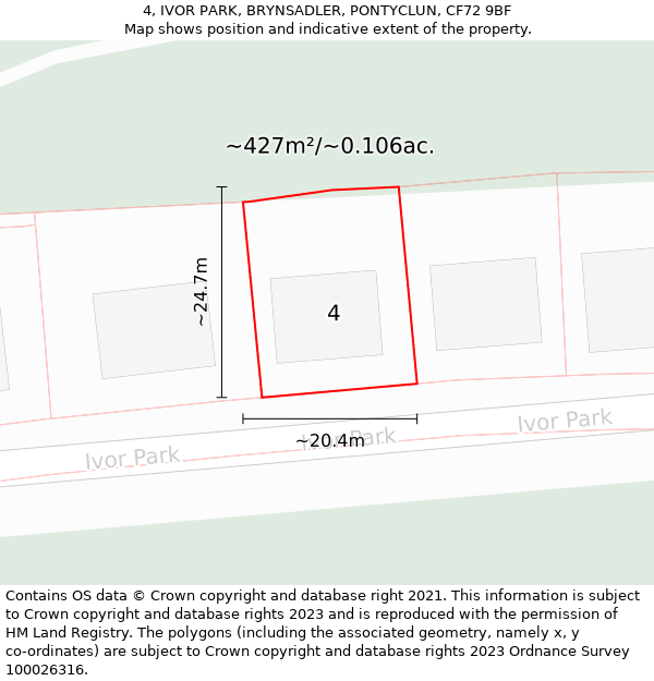 4, IVOR PARK, BRYNSADLER, PONTYCLUN, CF72 9BF: Plot and title map