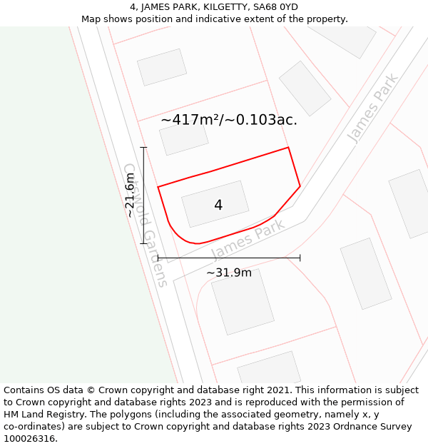 4, JAMES PARK, KILGETTY, SA68 0YD: Plot and title map