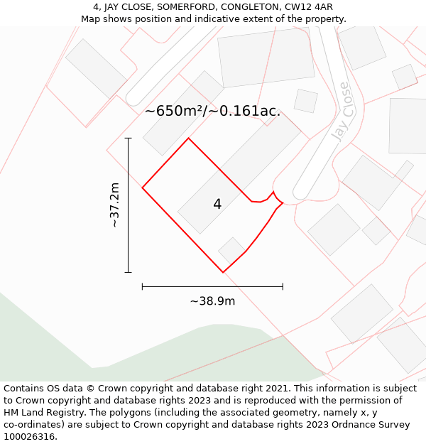 4, JAY CLOSE, SOMERFORD, CONGLETON, CW12 4AR: Plot and title map