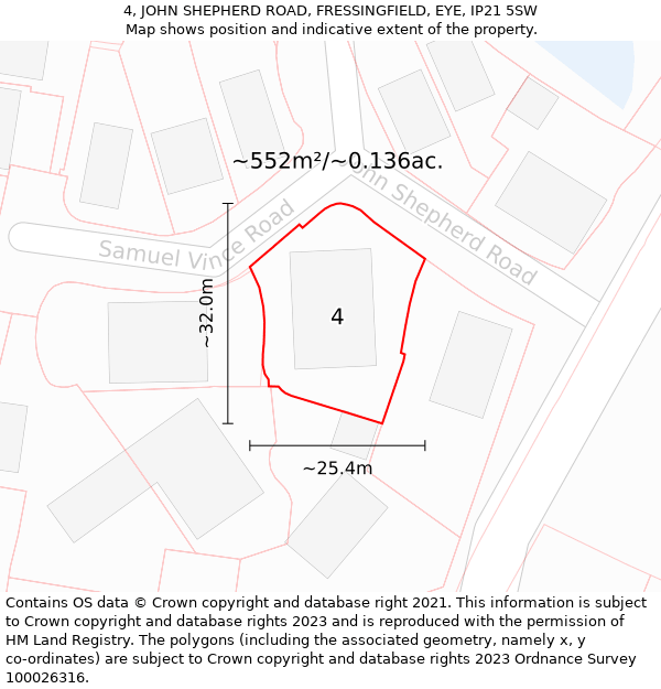 4, JOHN SHEPHERD ROAD, FRESSINGFIELD, EYE, IP21 5SW: Plot and title map